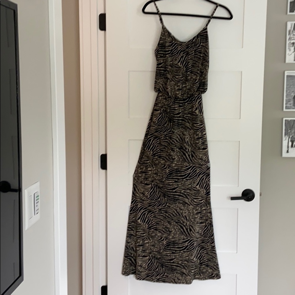 Black and tan tiger print tank top maxi dress.